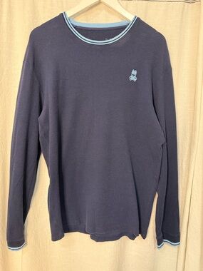 Men's Psycho Bunny Waffle Navy Long Sleeve Tee with Light Blue Bunny Logo
